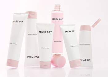Mary Kay Skin Care Collection, featuring six products standing up in various directions pictured over a very pale pink gradient background