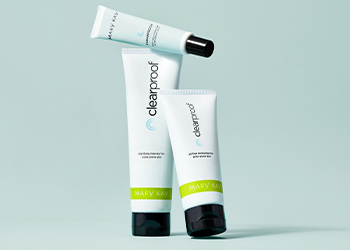 Clear Proof Acne System, featuring three products standing up, some of them stacked, pictured over a light blue background